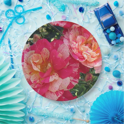 Rosa und weiße Streifen Rose Blumenstrauß Pappteller (Party)