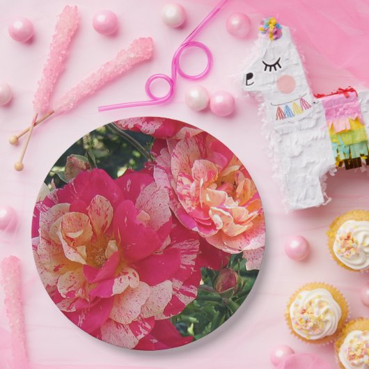 Rosa und weiße Streifen Rose Blumenstrauß Pappteller (Party)