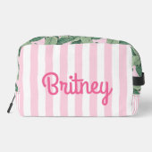 Rosa und weiße Streifen tropisch | PERSONALISIERT Waschbeutel (Rückseite)