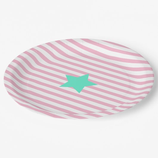 Rosa und weiße Streifen und aquamariner Stern - Pa Pappteller (Schrägansicht)