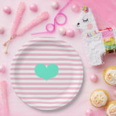 Rosa und weiße Streifen und aquamarines Herz - Pap Pappteller (Party)