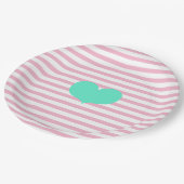 Rosa und weiße Streifen und aquamarines Herz - Pap Pappteller (Schrägansicht)