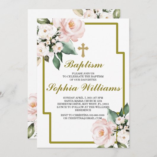 Rosa und weiße Taufe İnvitation Einladung (Vorne/Hinten)