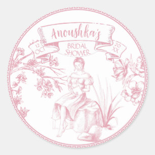 Rosa und weiße Toile de Jouy Brautparty Runder Aufkleber