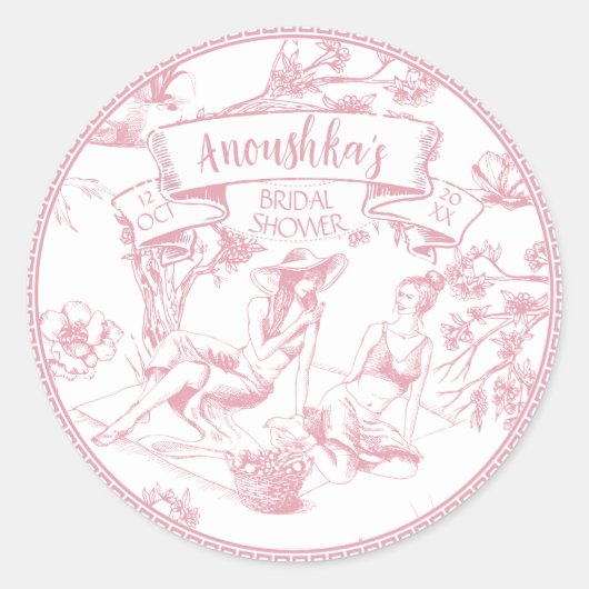 Rosa und weiße Toile de Jouy Brautparty Runder Aufkleber (Vorderseite)