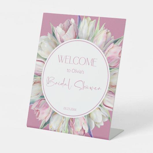 Rosa und weiße Tulpen Brautparty Empfang Sockelschild (Vorderseite)