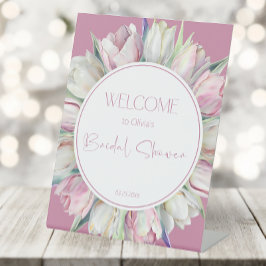 Rosa und weiße Tulpen Brautparty Empfang Sockelschild