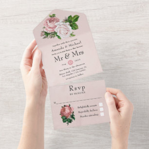Rosa und weiße Vintage-Blumenhochzeit All In One Einladung