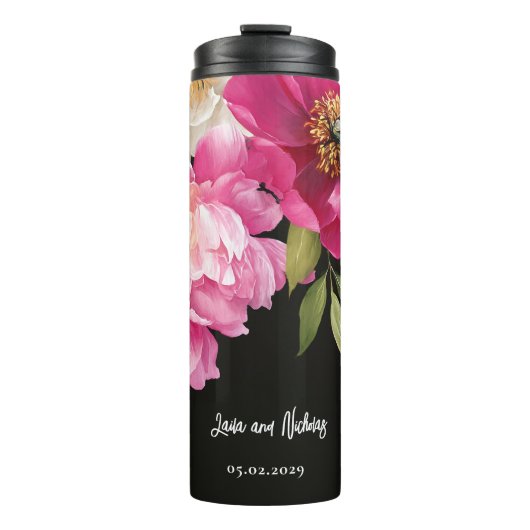 Rosa und weiße Wasserfarben-Blütenhochzeit Thermosbecher (Vorderseite)