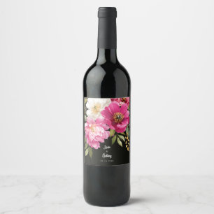 Rosa und weiße Wasserfarben-Blütenhochzeit Weinetikett