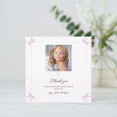 Rosa und weißer Bogen Erste Heilige Kommune Dankeskarte (Stehend Vorderseite)