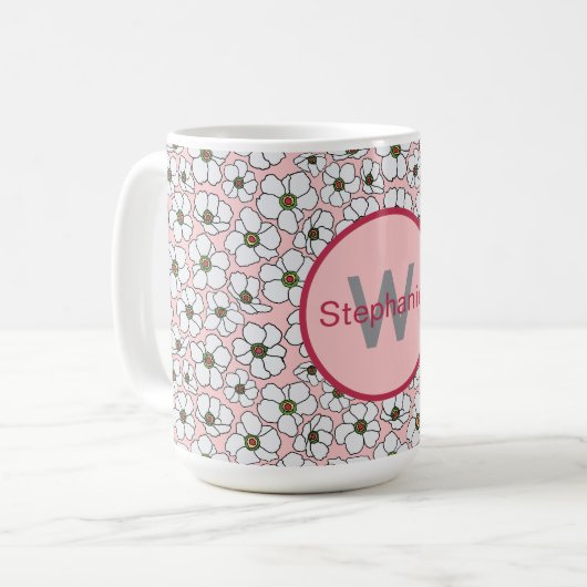Rosa und weißer Boho-Blumenstrauß mit Monogramm Kaffeetasse (Vorderseite Links)