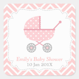 Rosa und weißer Chevron, Kinderwagen, Babymädchen- Quadratischer Aufkleber
