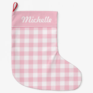 Rosa und weißer Gingham personalisiert Großer Weihnachtsstrumpf