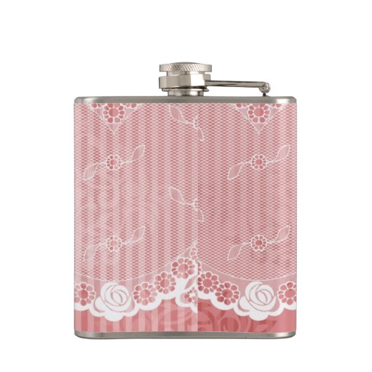 Rosa und weißer Hintergrund mit schwarzer Spitze Flachmann (Rückseite)