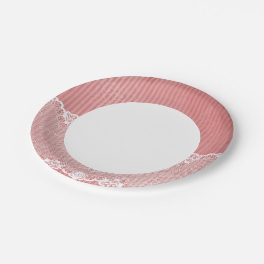 Rosa und weißer Hintergrund mit schwarzer Spitze Pappteller (Schrägansicht)