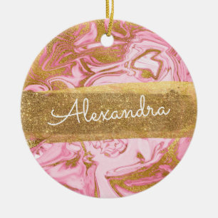 Rosa und weißer Marmor mit Goldschein u. -Glitzer Keramik Ornament