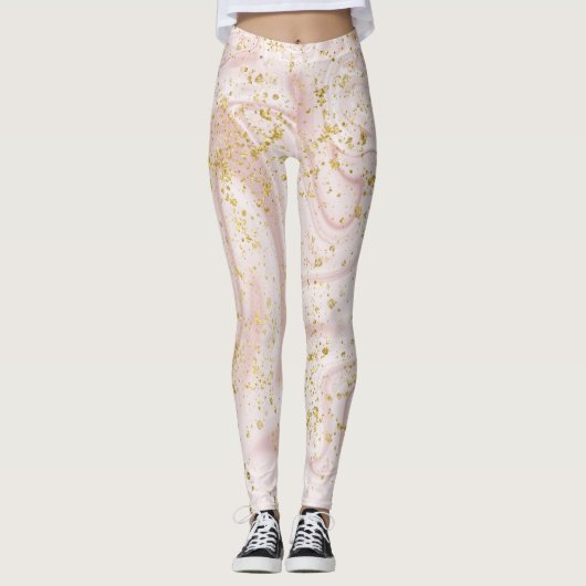Rosa und weißer Marmor Swirl Gold Glitzer Leggings (Vorderseite)