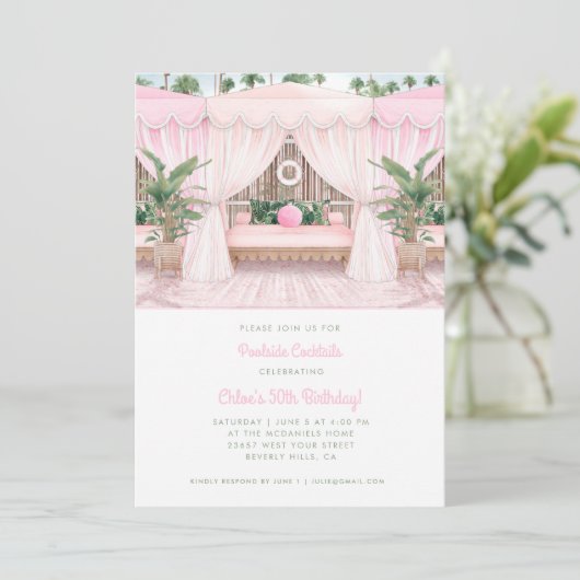 Rosa und weißer Pool Cabana | Pool-Party Einladung (Stehend Vorderseite)