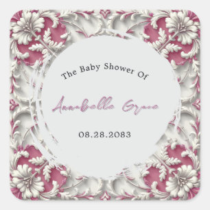 Rosa und weißer Rokoko Baroque Girl Baby Dusche Quadratischer Aufkleber
