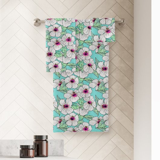 Rosa und weißer tropischer Hibiskus Blumenmuster Badhandtuch Set