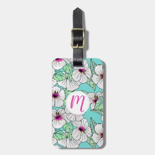 Rosa und weißer tropischer Hibiskus Blumenmuster Gepäckanhänger (Vorderseite vertikal)