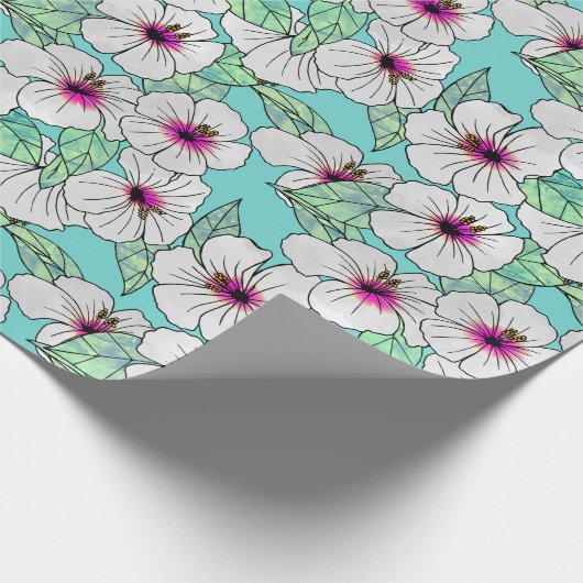 Rosa und weißer tropischer Hibiskus Blumenmuster Geschenkpapier (Ecke)