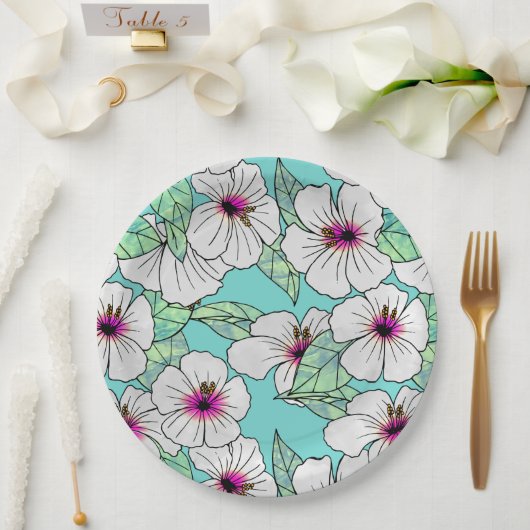 Rosa und weißer tropischer Hibiskus Blumenmuster Pappteller (Hochzeit)