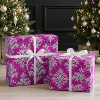 Rosa und weißer viktorianischer Damast-Weihnachten Geschenkpapier