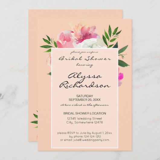 Rosa und weißes Brautparty mit Blumen - Rosa 2B Einladung (Vorne/Hinten)