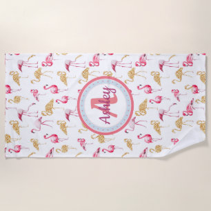 Rosa und weißes, Monogramm, Flamingomuster Strandtuch