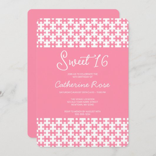 Rosa und weißes Puzzle Schokoladenbraun 16 Einladung (Vorne/Hinten)