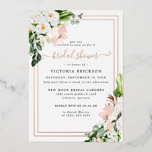 Rosa und weißes tropisches Brautparty Folieneinladung (Vorderseite)