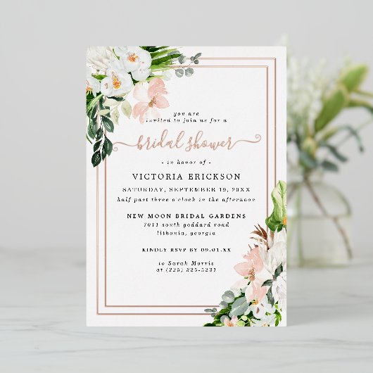 Rosa und weißes tropisches Brautparty Folieneinladung (Stehend vorne)