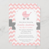 Rosa-und weißesZickzack, Stroller, Einladung (Vorne/Hinten)