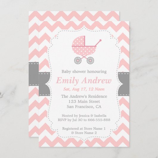 Rosa-und weißesZickzack, Stroller, Einladung (Vorne/Hinten)