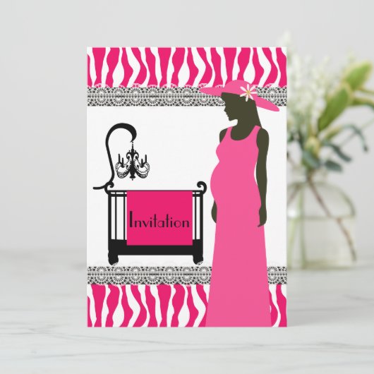 Rosa und Zebra Baby Dusche Einladung mit Schwanger (Stehend Vorderseite)