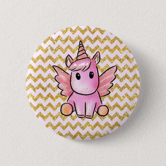 Rosa Unicorn-GoldGlitzer-Zickzack Muster Girly Button (Vorderseite)