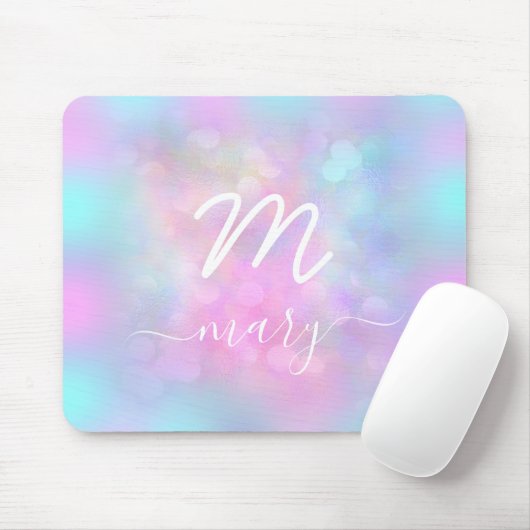 Rosa Unicorn Holograph Name Modern Monogram White Mousepad (Mit Mouse)