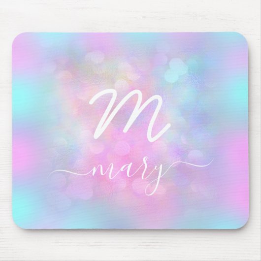Rosa Unicorn Holograph Name Modern Monogram White Mousepad (Vorne)
