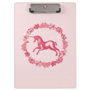 Rosa Unicorn und Blumen Klemmbrett