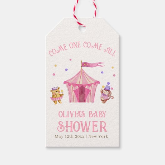 Rosa Unique Circus Bear Monkey Baby Dusche Geschenkanhänger (Vorderseite)