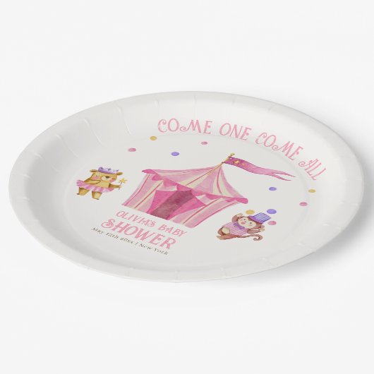 Rosa Unique Circus Bear Monkey Baby Dusche Pappteller (Schrägansicht)