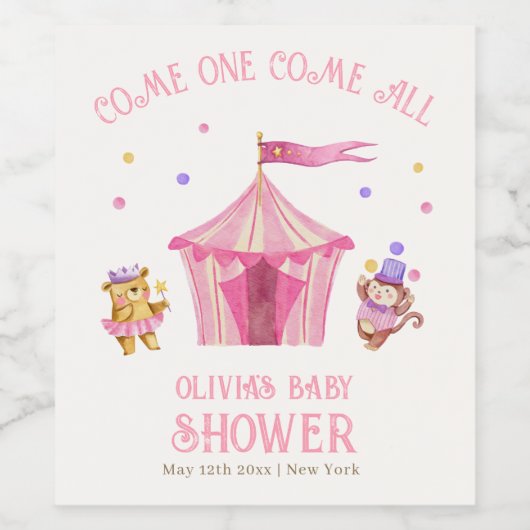 Rosa Unique Circus Bear Monkey Baby Dusche Weinetikett (Einzelnes Label)