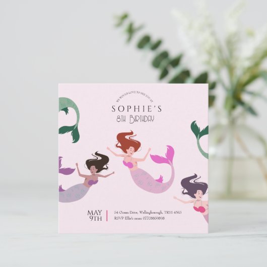 Rosa unter der Meerjungfrau Geburtstag Einladung (Stehend Vorderseite)