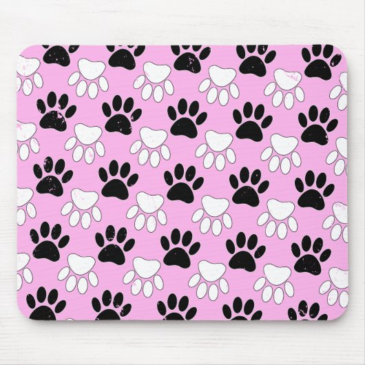 Rosa Untergrund: erschütterte schwarz-weiße Paws Mousepad (Vorne)