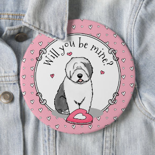 Rosa Valentine Alte englische Schafhunde Hund Grau Button