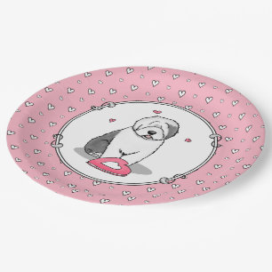 Rosa Valentine Alte englische Schafhunde Hund Grau Pappteller