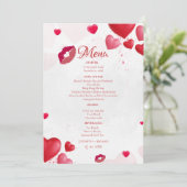 Rosa Valentinskuss Hochzeitsdusche Party Menükarte (Stehend Vorderseite)