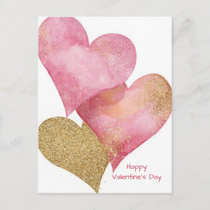Rosa Valentinstagskarte mit goldenen Herzen  Postkarte